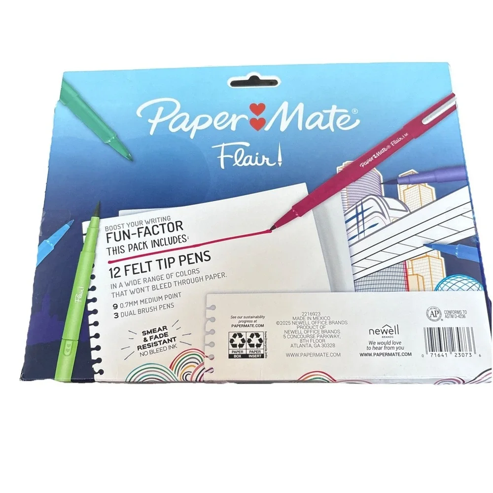 New Paper Mate‎ Flair Felt Tip Pens 12 Count Vibrant Assorted Colors 12-pack